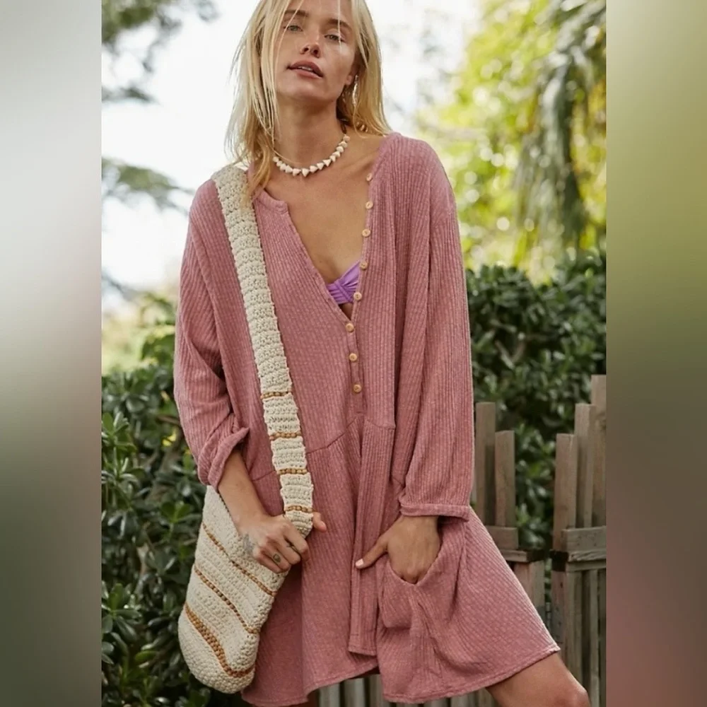 Free People Beach Dusty Rose Blossom Cotton Ribbed Knit Dress Oversized